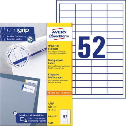 Etykieta A4 białe (100arkuszy) 48x21mm 3650 ULTRA GRIP AVERY ZWECKFORM Etykieta A4 białe (100arkuszy) 48x21mm 3650 ULTRA GRIP AVERY ZWECKFORM