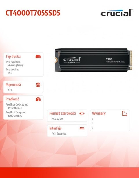Dysk SSD T705 4TB M.2 NVMe 2280 PCIe 5.0 14100/12600 radiator Dysk SSD T705 4TB M.2 NVMe 2280 PCIe 5.0 14100/12600 radiator