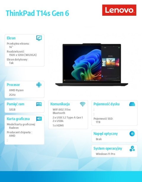 Ultrabook ThinkPad T14s G6 21M1000VPB W11Pro 7 PRO 360/32GB/1TB/INT/14.0 WUXGA/Black/3YRS Premier Support + CO2 Offset Ultrabook ThinkPad T14s G6 21M1000VPB W11Pro 7 PRO 360/32GB/1TB/INT/14.0 WUXGA/Black/3YRS Premier Support + CO2 Offset
