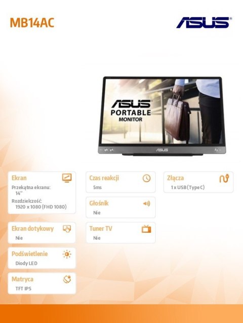 Monitor MB14AC 14 cali IPS FHD USB-C 9mm 0,59kg Przenośny ekran dodatkowy do notebooka Monitor MB14AC 14 cali IPS FHD USB-C 9mm 0,59kg Przenośny ekran dodatkowy do notebooka