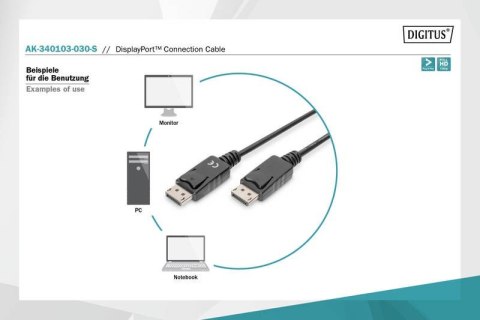 Kabel połączeniowy DisplayPort z zatrzaskami 1080p 60Hz FHD Typ DP/DP M/M czarny 3m Kabel połączeniowy DisplayPort z zatrzaskami 1080p 60Hz FHD Typ DP/DP M/M czarny 3m