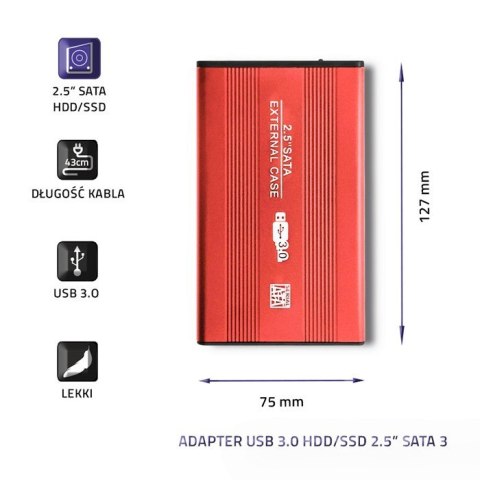 Obudowa na dysk HDD/SSD 2.5 cala SATA3 | USB 3.0 | Czerwona Obudowa na dysk HDD/SSD 2.5 cala SATA3 | USB 3.0 | Czerwona
