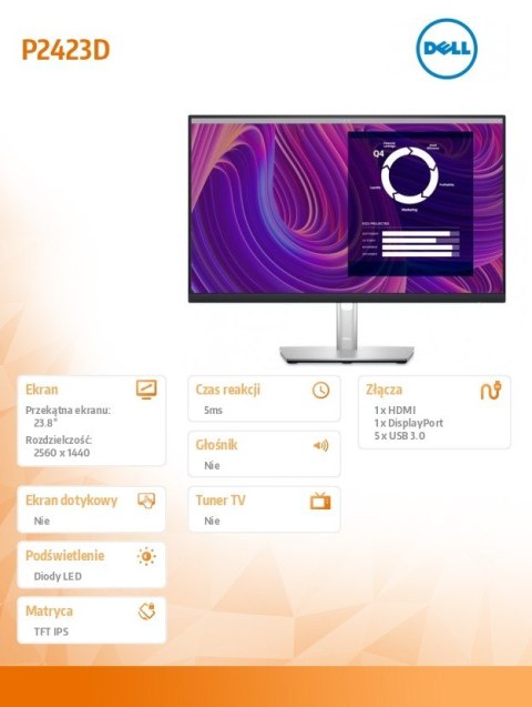 Monitor P2423D 23.8 cali IPS LED QHD (2560x1440)/16:9/HDMI/DP/5xUSB 3.2/3Y AES Monitor P2423D 23.8 cali IPS LED QHD (2560x1440)/16:9/HDMI/DP/5xUSB 3.2/3Y AES