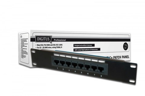 Patch panel 10" 8 portów, kat.5e, U/UTP, 1U, czarny (kompletny)